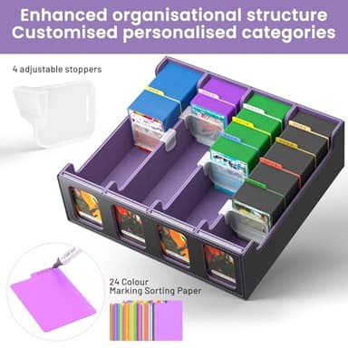 Flooyes Card Storage Box for Trading Cards with 4 Card Supporters, 3200+ MTG Deck Box with 24 Colorful Dividers, Commander Trading Card Storage Box with Viewing Windows for Magic Game Cards, Purple - Image 5