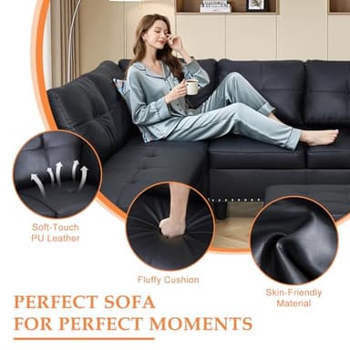 Wakefit Sectional Sofa Couch, Modern 4-Seaters Living Room Furniture Sets with Chaise Lounge, Ottoman & 2 Pillows | L Shape Couch | Cup Holder | Faux PU Leather, Black - Image 3