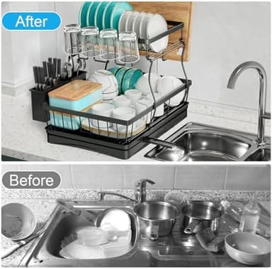 7 code Large Dish Drying Rack for Kitchen Counter, Detachable Large Capacity Dish Drainer Organizer, 2-Tier Dish Racks with Utensil Holder, Black - Image 8