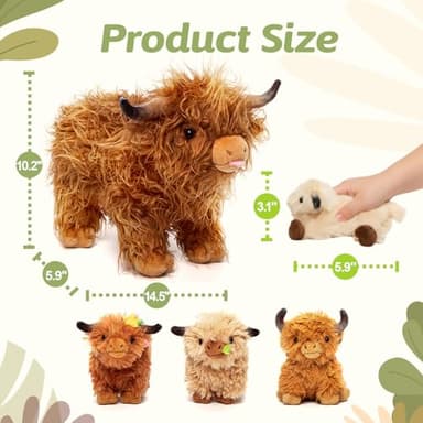 OUOZZZ Highland Cow Stuffed Animal – 14.5" Large Realistic Fluffy Cow Plush Toy with 4 Baby Calves – Travel-Friendly & Portable Gift for Baby Girls, Boys, Toddlers & Kids 3 Year Old - Image 3