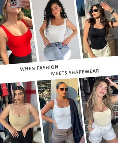 FeelinGirl Body Suits for Womens Tummy Control Bodysuit Square Neck Compression Bodysuit Thong Shapewear Bodysuit White XL/XXL - Image 2