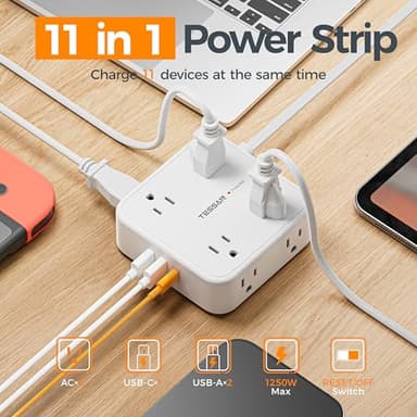 TESSAN 10 Ft Flat Plug Extension Cord with Multiple Outlets, Surge Protector Power Strip with 3 USB(1 USB C) 8 Outlets, 900J Protection, Desk Charging Station for Home, Dorm Room Essentials, White - Image 3