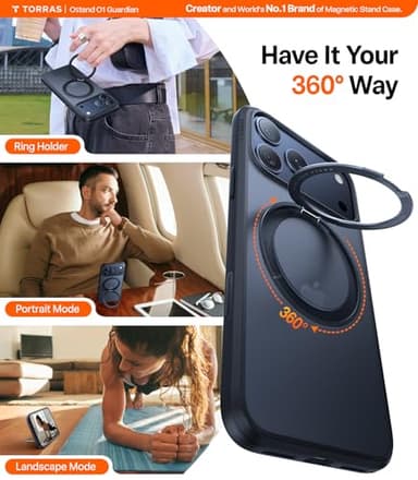 TORRAS Upgraded 360 Magnetic Stand for iPhone 17 Pro Max Case with Camera Control Button, Fit for MagSafe with Ring, Mil-Grade Protection, Translucent Slim for iPhone 17 ProMax Case Ostand, Black - Image 2