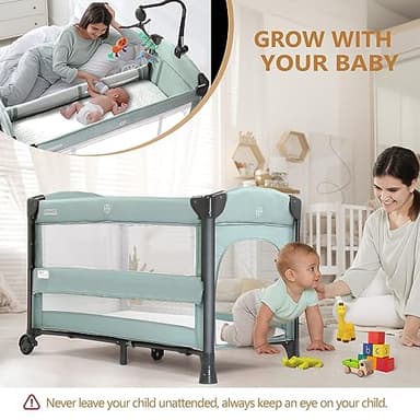 JOYMOR 3 in 1 Baby Bedside Bassinet, Bedside Sleeper with Mattress and Sheet, Convert to Bassinet, Playpen, Foldable Travel Baby Bed, with Wheels, Brake, Carry Bag - Image 5