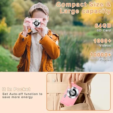Digital Camera, Camera for Kids, UHD 4K 48MP Point and Shoot Digital Cameras with 64GB SD Card and 16X Digital Zoom Anti Shake, Compact Portable Small Gift for Boys Girls Students, Cherry Pink - Image 5