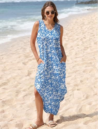 Sampeel Summer Dresses for Women 2025 Sundresses Casual Long Flowy Beach Vacation Date Cruise Essentials 2025 Floral Blue M - Image 3