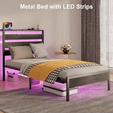 J.Fkne Twin Bed Frame with LED Lights & Charging Station, Storage Headboard, Heavy Duty Metal Slats, No Box Spring Needed, Noise-Free, Easy Assembly, Black - Image 7