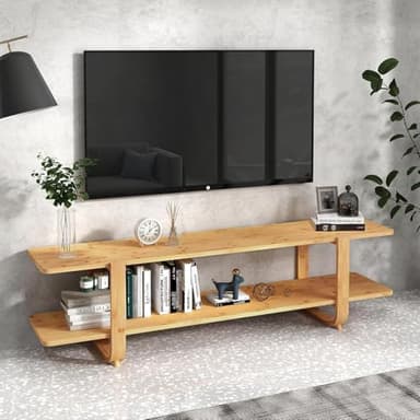 HollyHOME Bamboo TV Stand with Storage for TVs up to 65'', Modern Entertainment Center with 2 Open Shelf, Accent TV Media Console Table for Living Room, Bedroom, 55"(L), Burlywood - Image 3