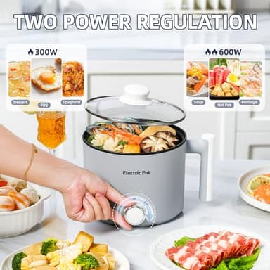 YOOLYQI Electric Hot Pot:1.5 L Ramen Cooker, Dual Power Mini Portable Multi-Functional Lazy Pot for Pasta, Noodles, Egg, Soup, Non-Stick Noodle Cooker with Boil Dry Protection for Dorm, Office (Grey) - Image 3