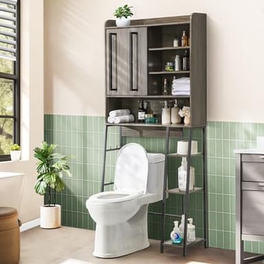 Decofy Over The Toilet Storage Cabinet, 31.5" L x 7.7" W x 66.9" H, Bathroom Organizer with Adjustable Shelves and Sliding Door, Farmhouse Above Toilet Storage for Small Bathrooms, Sturdy Metal Frame - Image 1