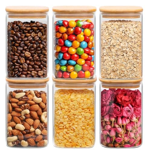 ComSaf 1.2 QT Glass Storage Containers with Lids, Glass Jars with Lids, Clear Food Jar, Square Canister Set of 6, Pantry Organizers and Storage for Cookie Flour Oat Pasta Tea Coffee Bean - Image 1