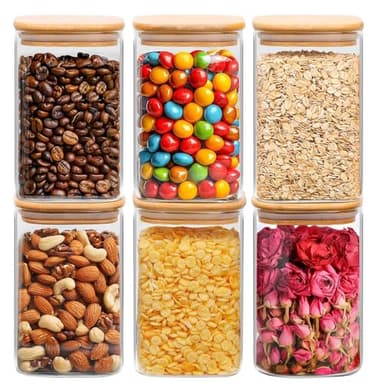 ComSaf 1.2 QT Glass Storage Containers with Lids, Glass Jars with Lids, Clear Food Jar, Square Canister Set of 6, Pantry Organizers and Storage for Cookie Flour Oat Pasta Tea Coffee Bean - Image 1