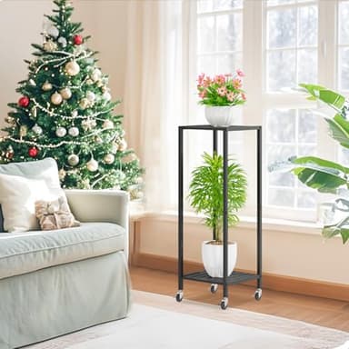 iDavosic.ly 2 Tier Plant Stand Indoor with Wheels, Metal Flower Holder Shelf Outdoor for Large Pots, Tall Corner Vertical Rolling Rack for Patio Porch Garden Balcony Living Room, Modern Black - Image 2