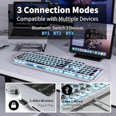 EWEADN TK950 Typewriter Keyboard Wireless Mechanical Keyboard, 104 Keys Aesthetic Typewriter Keyboards with Blue Backlit, Anti-Ghosting, Blue Switch Bluetooth/2.4GHz/Wired Cute keyboards-Black - Image 3