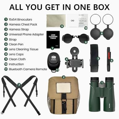 15x54 Binoculars for Adults High Powered with Harness, Phone Adapter and Bluetooth Camera Remote - Super Bright Waterproof Binoculars for Bird Watching Hiking Cruise Travel Stargazing - Image 7