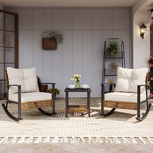 LAUSAINT HOME 3-Piece Rocking Bistro Set, Outdoor Patio Furniture with Thick Cushions and 2-Tier Coffee Table, Oversize Rattan Conversation Set for Garden, Balcony, Backyard (Beige) - Image 1