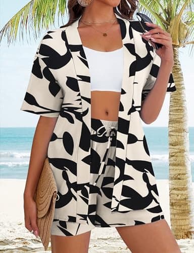 REDHOTYPE Women's 2 Piece Outfits Kimono Style Tropical Print Cover Ups Half Sleeve Blouse Shorts Set Summer Beachwear,Apricot 01,L - Image 2