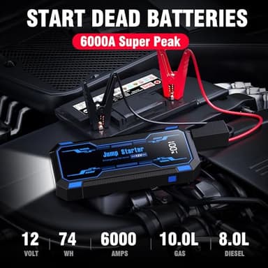 Car Jump Starter 6000A Car Battery Jump Starter Portable,12V Battery Jumper Starter Portable(10.0L Gas/8.0L Diesel),LCD Display Jump Box Jump Starter Battery Pack with Jumper Cable & Flashlight-Blue - Image 2