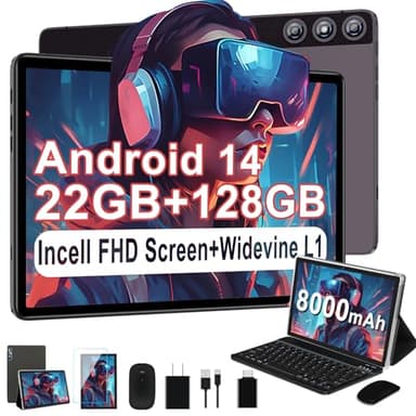DMOAO Android Tablet 2025 Tablets with 22GB RAM+128GB ROM/ 1TB Expand, 8000mAh Battery, Octa-Core 2.0GHz CPU, 5G WiFi, GPS, 10.1 Inch FHD IPS 2 in 1 Tablet PC with Keyboard/Mouse-Gray - Image 1