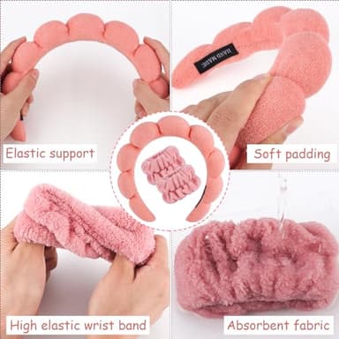 Zkptops Spa Headband for Washing Face Wristband Set Sponge Makeup Skincare Terry Cloth Bubble Soft Get Ready Hairband for Women Girl Puffy Padded Headwear Non Slip Thick Hair Accessory(Orange Pink) - Image 5