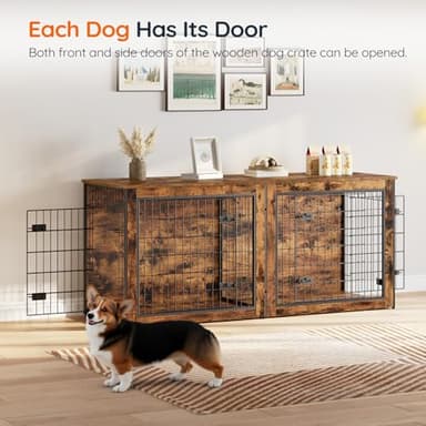 HOOBRO Dog Crate Furniture for 2 Dogs, 63" Large Double Dog Crate Furniture with Divider, Wooden Indoor Kennel TV Stand for Medium Large Dogs, Rustic Brown BF55GW03 - Image 3