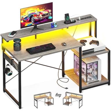 AODK Computer Desk, 48 Inch Gaming Desk with Led Lights & Power Outlet, Office Desk with Storage Shelves, Reversible Desk with Monitor Shelf & Headphone Hook, Grey Oak - Image 1