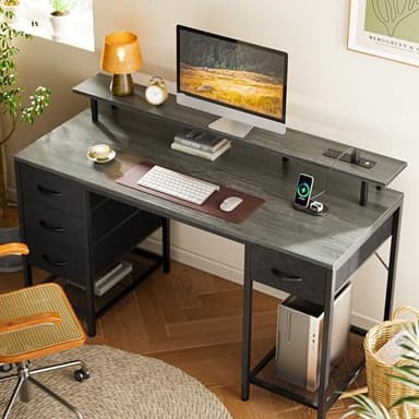 Huuger 55 inch Computer Desk with 4 Drawers, Gaming Desk with LED Lights & Power Outlets, Home Office Desk with Large Storage Space for Bedroom, Work from Home, Gray - Image 2