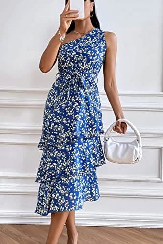 PRETTYGARDEN Women's Summer Floral Sundress Casual One Shoulder Tiered Ruffle Flowy Midi Beach Boho Dresses (Floral Royal Blue White,Small) - Image 2