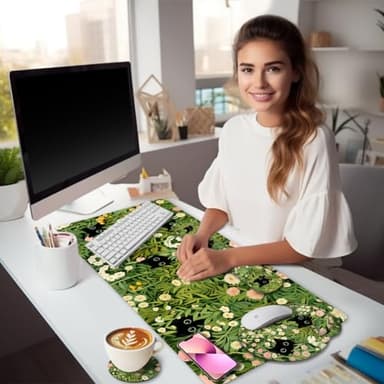 LIMKRIAN Cat Ergonomic Mouse Pad with Wrist Rest Desk Mat Set, Green Gaming Mouse Pad Wrist Support, Keyboard Mat Wrist Rest Cup Coaster Funny Office Decor - Image 2