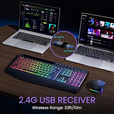 Wireless Keyboard and Mouse Combo- VEILZOR 2.4G Rechargeable Keyboard with Phone Holder, Ergonomic Wrist Rest, 9 RGB Backlit Effects, Silent Keyboard Mouse Set for Windows, Laptop, PC - Image 6