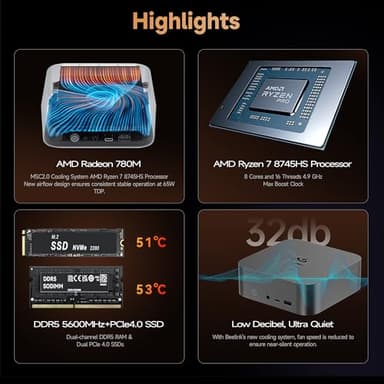 Beelink SER8 Mini PC AMD Ryzen 7 8745HS(UP to 4.9GHz), 32GB DDR5 1TB PCIE4.0 SSD, AMD Radeon 780M Graphics 12core 2600MHz Mini Gaming PC, USB4.0/Triple Display/2.5Gbps LAN Win 11 PRO Mini Computer - Image 7
