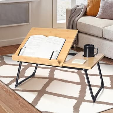 wishacc Book Stand for Reading in Bed, Bamboo Laptop Stand Adjustable Book Holder Tray with Page Paper Clips Multi Angles Adjustable Cooking Bookstands for Textbook Recipe Magazine Tablet Portable - Image 2