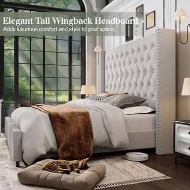Jocisland King Size Bed Frame with 61.4" Tall Headboard, Velvet Upholstered Wingback Platform Design, Handcrafted Pleats& Deep Button Tufted, Solid Wood Legs, No Box Spring Needed, Cream - Image 5