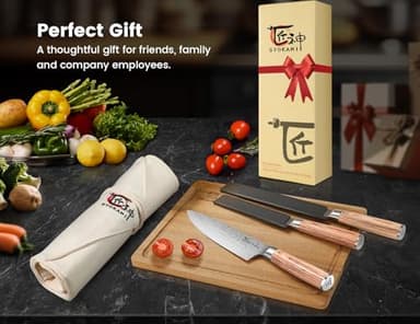SYOKAMI 14pcs Chef Knife Set with Roll Bag, Professional Stainless Steel Japanese Knife Set with Pakkawood Handle for Professional Chef, Camping, Travel, BBQ, RV or Gift Beige - Image 3