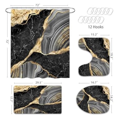 Gibelle 4 Pcs Marble Shower Curtain Set with Non-Slip Rugs, Toilet Lid Cover and Bath Mat, Luxury Black Grey Bathroom Decor Set with Shower Curtain and Rugs and Accessories - Image 6