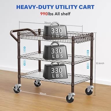 YNN Bronze Utility Rolling Cart,990Lbs 3 Tier Heavy Duty Metal Cart with Wheels & Handle NSF Wheeled Cart 31" D x 18" W x 33" H for Bedroom, Bathroom, Kitchen,Garden,Decor,Serving - Image 2