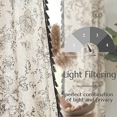 JINCHAN Linen Blend Curtains Floral Curtains for Living Room 84 Inches Long Printed Curtains with Tassels Rod Pocket Farmhouse Rustic Peony Flower Patterned Drapes Bedroom Window Curtains Set 2 Panels - Image 5