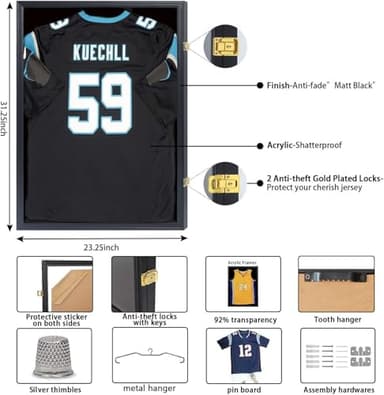 IHEIPYE Jersey Frame Display Case Shadow Box - Lockable with UV Protection Acrylic and Hanger for Baseball, Basketball, Football, Soccer, Hockey 2XL Sport Shirt and Uniform - Black - Image 3