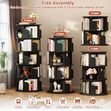 Besiost Rotating Bookshelf Tower, 5 Tier Spinning Bookcase, Revolving 360 Book Shelf Narrow Tall Bookcase, Vertical Turning Round Bookshelf Organizer, Wood Corner Book Shelf for Small Space, Black - Image 6