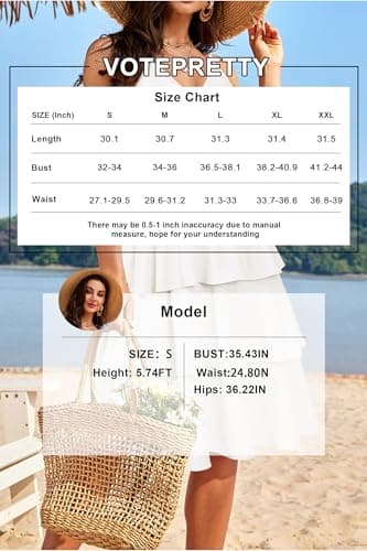 VOTEPRETTY Womens 2025 Summer Dress Midi V Neck Tie Front Casual Spaghetti Strap Vacation Tiered Ruffle Sundress(Light White,L) - Image 6
