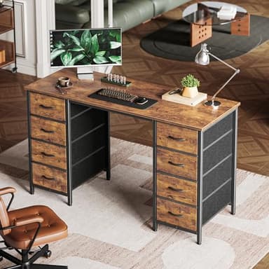 Huuger 47 Inch Computer Desk with 8 Fabric Drawers, Office Desk Work Desk for Home Office, Study, Gaming Desk with Drawers, Large Storage, Rustic Brown - Image 9
