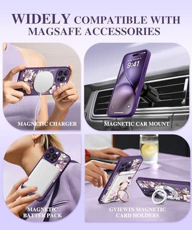 GVIEWIN for iPhone 16 Pro Case Compatible with MagSafe, [Military Grade Protection] [2X Screen Protector] Full Camera Protection Floral Translucent Women Magnetic Phone Case, Cherry Blossoms/D. Purple - Image 8