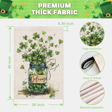 FUYUCHEN St Patricks Day Shamrocks Mason Jar House Flag 28x40 Inch Double Sided Large Burlap for Outside Green Lucky Clovers Welcome Yard Holiday Flag - Image 6