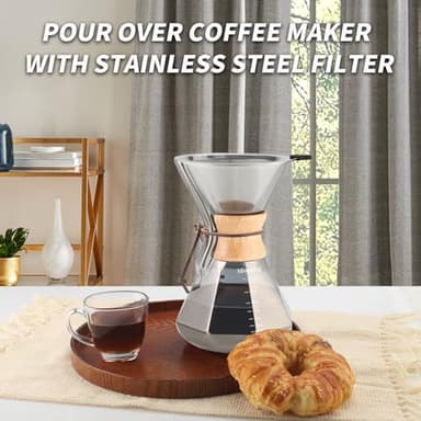 Mongdio 34oz/1000ml Pour Over Coffee Maker with Reusable Stainless Steel Filter and Wooden Collar Holder, 6-8 Cups Borosilicate Glass Coffee Maker for Camping Home, Gray - Image 7