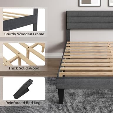 VINGLI Platform Bed Frame Queen Size with Linen Fabric Headboard,Modern Panel Low Profile Bed with Upholstered & Sturdy Slats Support for Bedroom, Mattress Foundation, Dark Gray - Image 8