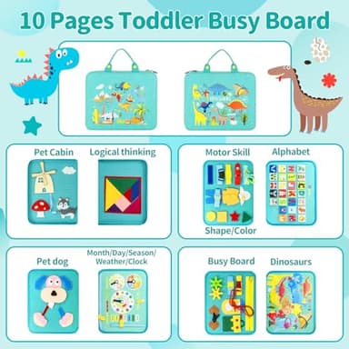 Pitcott Busy Board Montessori Toys for Toddlers 1 2 3 4 Year-Busy Book Board Travel Toy for Plane Car, Birthday Gift for Boys Girls-Preschool Educational Learning Sensory Activity Motor Skills (Green) - Image 3