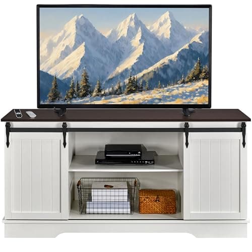 Yaheetech TV Stand for 65 Inch TV, Farmhouse Entertainment Center with Sliding Barn Doors, TV Media Console for Living Room, White & Espresso - Image 1