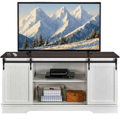 Yaheetech TV Stand for 65 Inch TV, Farmhouse Entertainment Center with Sliding Barn Doors, TV Media Console for Living Room, White & Espresso - Image 1
