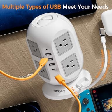 Tower Power Strip Surge Protector 10 Ft, TESSAN Flat Plug Extension Cord with Multiple Outlets, 8 AC Outlets, 4 USB Ports, 1 Built-in USB Cable, Desk Charging Station for Home Dorm Office - Image 3