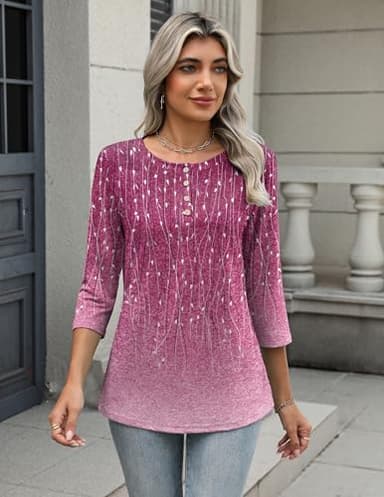 Zeagoo Blouses for Women Dressy Casual Crew Neck Summer Three-Quarter Sleeve Tunic Tops Floral Shirts Loose Fit Work Clothes Spring - Image 4